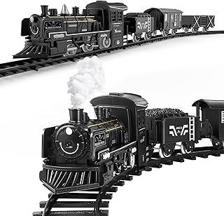 Train Set with Steam Locomotive Engine, Electric Train Toy for Boys Girls with Smokes, Lights& Sound, Cargo Cars& Tracks, Christmas Train Sets Under the Tree, for Kids Ages 3 4 5 6 7 8+