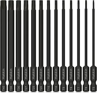 Torx Bit Set Hakkin 13Pcs Phosphate Treatment 100mm Long Torx Screwdriver Bit Set Tamper Proof Star Bits S2 Steel Security Torx Bits 1/4” Hex Shank Magnetic T5-T40 Long Torx Bits