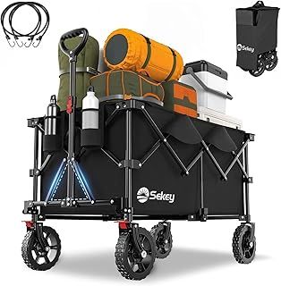 Sekey 200L Folding Festival Trolley with All-Terrain Wheels and Brake, Heavy-Duty Cart Loadable up to 150KG, Patented Four-Directional Foldable Design, Wagon for Beach Camping Garden Shopping, Black