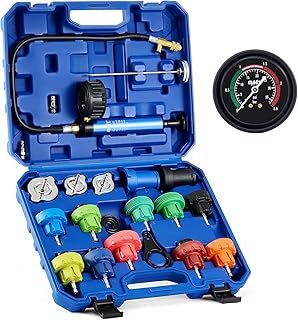 Coolant Pressure Tester Kit, 19pc Radiator Pressure Tester Kit with 15 Radiator Adapters&Wrench, Cooling System Pressure Tester Kit for Water Tank with Vacuum Pump &Probe Thermometer