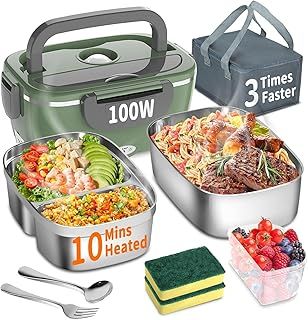 Electric Heated Lunch Box 100W - 3-in-1 Fast Heating Lunch Boxes Portable for Adults, 12V/24V/220V with 2 Pack Containers (Single & Compartment) for Car Truck Office (3 Times Faster), GreenGrey