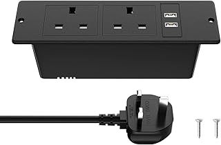Recessed Power Strip with USB, Recessed Power Outlet with 2 USB, Desk Power Socket with 2 Outlets 2 Screws, Hidden in Furniture Desk Table, 1.8M/6FT Cable, Black