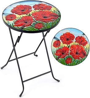 CHRISTOW Bistro Table Glass Top Round Folding Garden Patio Decoration Plant Stand (Painted Poppy)