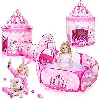 SENODEER 3PC Princess Tent for Girls with Kids Ball Pit, Kids Play Tent and Crawl Tunnel for Toddlers, Indoor Outdoor Playhouse Toys for Games