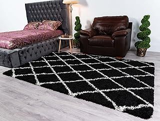Shaggy Rug with Trellis Design - Soft Touch, Thick 5cm Fluffy Pile, Non-Shedding Area Rug for Living Room, Bedroom, Pet-Friendly (Black, 120cm x 170cm (4ft x 6ft))