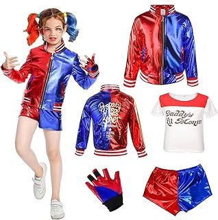 aotuo Cosplay Costumes for Kids, 4 Pcs Harley Quinn Girls Fancy Dress Halloween Villain Costume Include Jacket, T-shirt, Shorts and Glove for Halloween Cosplay Costume