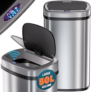 Kitchen Bin with Sensor 50L | Garbage Recycle Rubbish Waste Trash Can | Stainless Steel Electric Lid | Battery or USB Power | LED Display | Black