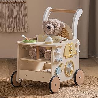 ROBOTIME Baby Walker, Wooden Pram Toy, Push Along Walker Pushchair, Educational Toy Gift for Boys Girls, Safe First Step Walker with Under-Seat Storage for Age 10 Months+