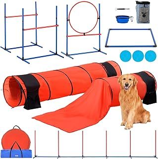 VEVOR Dog Agility Training Equipment, 7 PCS Set Upgrade w/Adjustable High Hurdles,6 Weave Poles,2 Tunnels,Jump Ring,Pause Box, Whistle,Foldable Bowl,Puppy Obstacle Course Kit w/ 3 Bags
