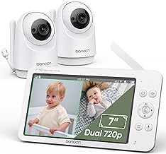 bonoch Baby Monitor with 2 Cameras and Night Vision, 7" 720P HD Split Screen Video Baby Camera Monitor No WiFi with 6000mAh Battery, 2-Way Talk, Temperature, Hack Proof, Remote PTZ, 8 Lullabies