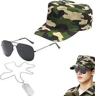3 Pieces Army Fancy Dress Set - Soldier Aviators Military Cosplay Pilot Costume with Camouflage Hat, Sunglasses & Dog Tag for Adults. Perfect for Cosplay, Halloween Party.