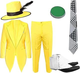 Adults Yellow Suit Costume - Yellow Suit Jacket and Trousers, Yellow Hat with Black Feather, Patterned Tie - Adults 80s Fancy Dress Costume