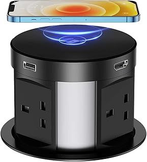 Pop Up Sockets for Kitchen Worktops with Wireless Charging, Pop Up Plug Socket with USB, Recessed Desk Power Outlet 4 UK Plug, 2 USB, 1RJ45 Port, 1 HDMI Port for Office and Home