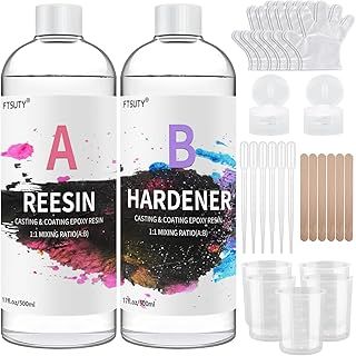 FTSUTY Epoxy Resin Kit - 1000ml /34oz Crystal Clear Epoxy Resin for Casting - 1:1 Ratio Crystal Clear Resin Coating with Sticks, Graduated Cups and Gloves for