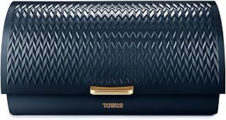 Tower T826090MNB Empire Roll Top Bread Bin, Stainless Steel, Midnight Blue and Brass