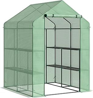 Outsunny Walk in Greenhouse with Shelves Steeple Green House for Garden Grow House Removable Cover 143x138x190cm, Green