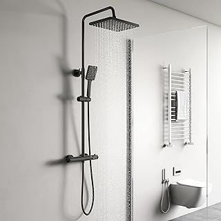 YOOZENA Shower Mixer Set,Shower System,Rain Shower 26x19 cm,Thermostatic Shower Mixer bar,Adjustable Shower Set for Bathroom,Black