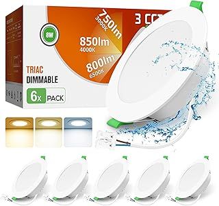 LED Downlights Ceiling Dimmable 8W 850LM Recessed Ceiling Lights, 3CCT Warm White 3000K Neutral White 4000K Cool White 6500K Adjustable IP44 Bathroom Spotlights Ceiling Lights, 6 Pack