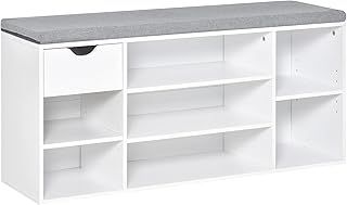 HOMCOM Shoe Bench with Seat Cushion Shoe Storage Cabinet with 7 Compartments Drawer Adjustable Shelves for Entryway Hallway Living Room, White