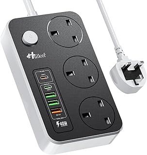 Hulker Extension Lead with USB C Ports Power Strip with 3 Way Outlets 5 USB Slots (1 PD 20W Type-C, 1 QC 18W Fast USB, 3 USB-A Port), Multi Plug Extension Socket with 2 Meter Power Cord 13A 3250W