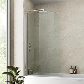Chrome Over Bath Shower Screen Door 6mm Clear Toughened Safety Easy Clean Glass Panel Bathroom Hinged Bath Screens 1400 x 800mm 180° Pivot