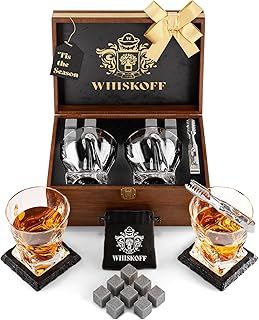 Whiskey Glass Set of 2 - Whisky Glass Gift includes Crystal Whisky Glass Sets, Chilling Stones, Slate Coasters in Handcrafted Wooden Box - Whisky Gift Sets for Men - Birthday Gifts for Men, Gift Set
