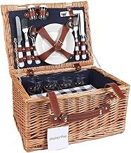 display4top Deluxe 4 Person Traditional Wicker picnic basket Wicker Hamper - Premium Set with Plates, Wine Glasses, Flatware and Napkins (Blue)
