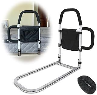 Bed Rails for Elderly Adults Safety Bed Assist Bar with Double Grab Bars and Storage Pockets - Support Up to 300lbs Bed Rail Fits King, Queen, Full, Twin Bed
