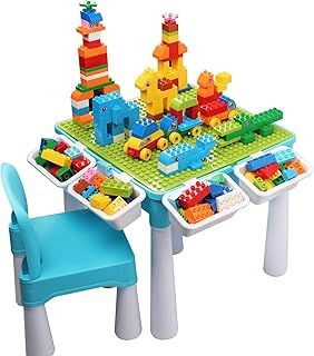 Kids 5-in-1 Multi Activity Table Set - 128 Pieces Compatible Bricks Toy Includes 1 Chair and Large Building Block Table with Storage, Green Baseplate Board (Blue)