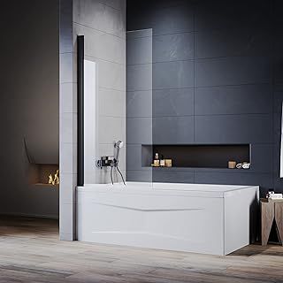 ELEGANT 800mm Pivot Black Over Bath Shower Screen Door Safety Tempered Toughened Glass Panel Bathroom Bath Screens - Easy Install