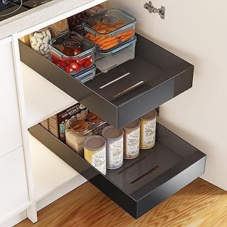 2 Pack Out Drawer Storage Shelves for Kitchen Cupboard, Heavy Duty Pull out Cabinet Organizer,No Drill and Storage for Kitchen, Cupboards, Pantry, Bathroom (43cm*25cm*7cm -black)