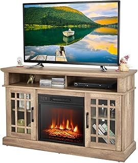 Electric Fireplace Insert TV Stand, Living Room Wooden Console Entertainment Center with Electric Fire, Overheat Protection & Remote Control, 1800-2000W (Gray, 23” Fireplace, for 65” TV)