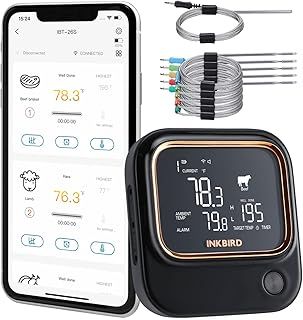 INKBIRD Meat Thermometer Probe,WIFI 2.4GHz and Bluetooth 5.1 Meat Thermometer, IBT-26S BBQ Thermometer with 4 Probes, Magnetic Holder, USB Rechargeable, Grill Thermometer for Kitchen Oven BBQ Smoker