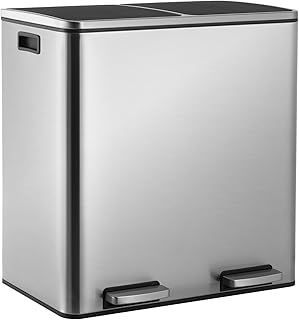 LIFERUN Rubbish Bin 2 Compartments, 60 L (2 x 30 Litres) Kitchen Waste Separation System, Soft-Close Metal Pedal Bin Large Waste Bin with Lid, Waste Separation, Rectangular