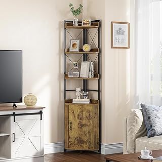 YITAHOME Corner Shelf 4 Tiers, Industrial Bookshelf with Cabinet Floorstanding Bookcase Wooden Storage Rack Shelving Units for Living Room, Home Office, Hallway, Rustic Brown Book shelves