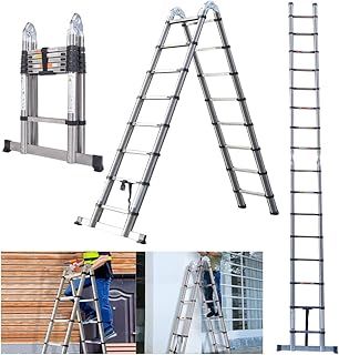 Heavy Duty Telescoping Ladder 5m, Folding Telescopic Ladder Extendable 16 Steps, Can Be Straight Or A-Frame Ladder, EN131 Certification, 150KG Capacity