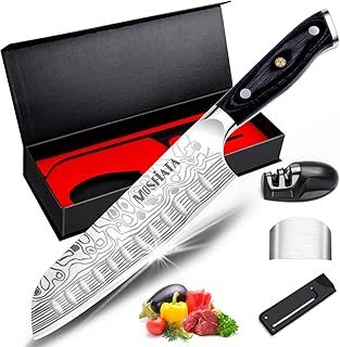 MOSFiATA 7" Super Sharp Chef Knife, Professional Cook Kitchen Knife Japanese Santoku Knives German High Carbon Stainless Steel EN1. 4116 with Finger Guard, Knife Sharpener, Micarta Handle and Gift Box