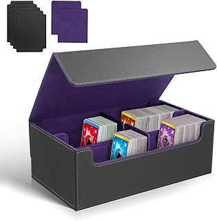 Card Storage Box for Trading Cards, PU Leather Commander Card Deck Case, Magnetic Closure Card Holder for MTG, Case Organizer with 4 Dividers Tabs and 2 Card Supporters(black purple)