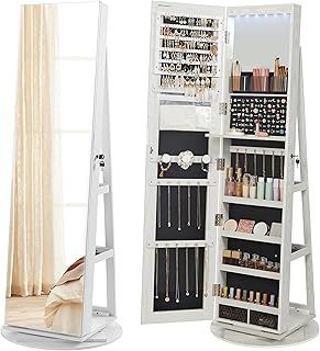 SONGMICS 6 LEDs Mirror Jewellery Cabinet, 360° Swivel Jewellery Storage Organiser, Lockable, Free-Standing Frameless Full-Length Mirror with Storage, White Surface, Black Lining JJC007W01