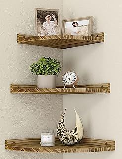 Corner Shelf Hanging Wall Shelf Wood 3-Piece Set Vintage Floating Shelves Rustic Corner Shelves for Wall Bookcase with Round And Floating Shelf for Bathroom Kitchen Bedroom Living Room