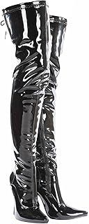 Golden Beads Women thigh high heel boots, Lace-up kinky fetish over the knee heels, elegant shoes with side zip and laces in Back, Ladies faux leather high heel boots