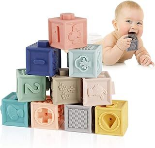 Mini Tudou 12PCS Baby Blocks Soft Building Blocks Baby Toys Teethers Toy Educational Squeeze Play with Numbers Animals Shapes Textures 6 Months and Up