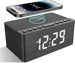 ANJANK Wooden Alarm Clock Bedside with FM Radio,10W Super Fast Wireless Charger Station for Iphone/Samsung Galaxy/Other Smart phone,USB Charging Port,Mains Powered,5 Level Digital Dimmable Led Display