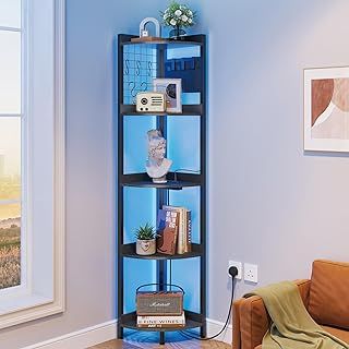 Dripex Corner Shelf with Power Outlets & Strip Lights, 5 Tiers 67" Tall Black Corner Bookshelf Corner Plant Stand Storage Shelving Unit for Living Room, Bedroom, Home Small Space