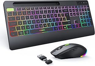 seenda 2.4G Wireless Keyboard and Mouse Combo with Rainbow Backlit, Rechargeable Keyboard and Mice Set UK Layout Full Size with 2 in 1 USB C & USB A Dongle and Wirst Rest, Black
