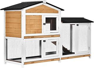 PawHut Rabbit Hutch Guinea Pig Hutch Wooden House with Run, 2 Tier Pet Cage Outdoor with No-leak Plastic Trays, 157.4 x 53 x 93.5cm, Yellow