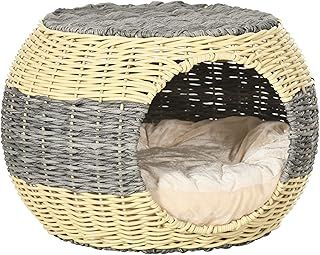 PawHut Wicker Cat House, Rattan Raised Cat Bed w/Soft Cushion, Φ40 x 30cm