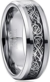 VAKKI 8mm Gold/Silver Celtic Dragon Tungsten Carbide Ring for Men Wedding Band with Blue/Black Carbon Fiber Inlay Size J 1/2-Z+3