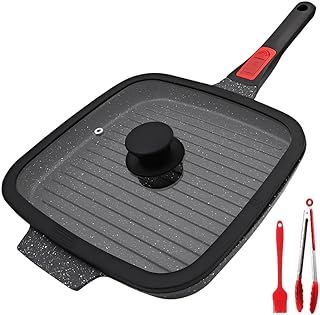 Griddle Pan with Lid, 26 x 24 cm Cast Aluminium Non Stick Steak Pan with Detachable Handle for Induction Hob, Black