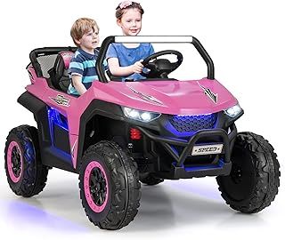 GYMAX Kids Electric UTV, 2-Seater 12V Battery Powered Toy Car with Remote Control, Lights, Bluetooth, MP3, USB, FM, High/Low Speed & Suspension Spring, Children Ride on Car for 3-8 Years Old (Black)